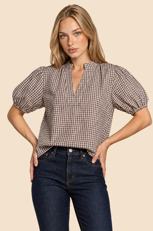 Millie Gingham Split-Neck Puff Sleeve Blouse: Cream & Caramel