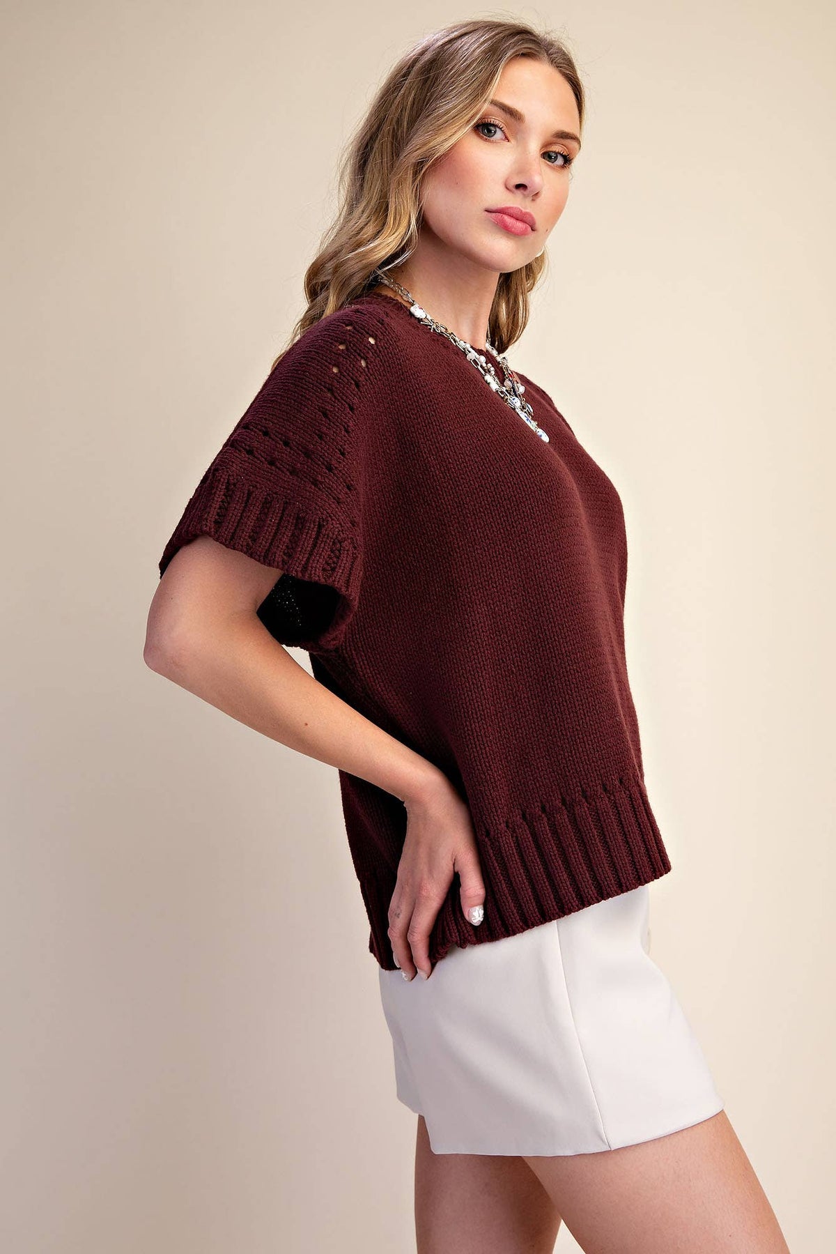Della Short-Sleeve Eyelet Crew-Neck Sweater: Brown
