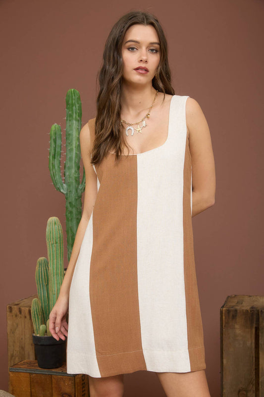 Willa Stripe Sleeveless Mini Dress: Brown