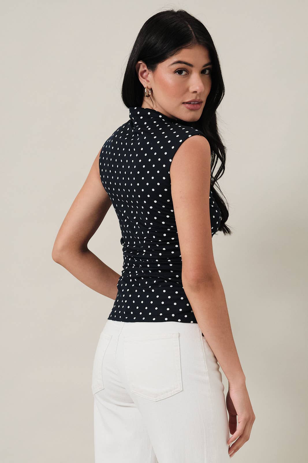Kennedy High Neck Extended Shoulder Side Ruched Polka Dot Top: Navy-Ivory Dot