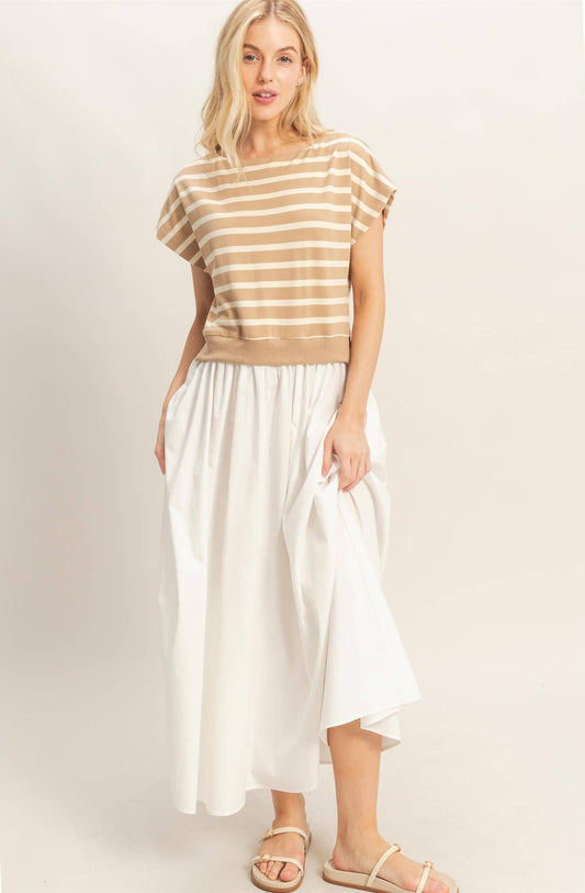 Rachel Striped Short Sleeve Midi Dress: TAUPE