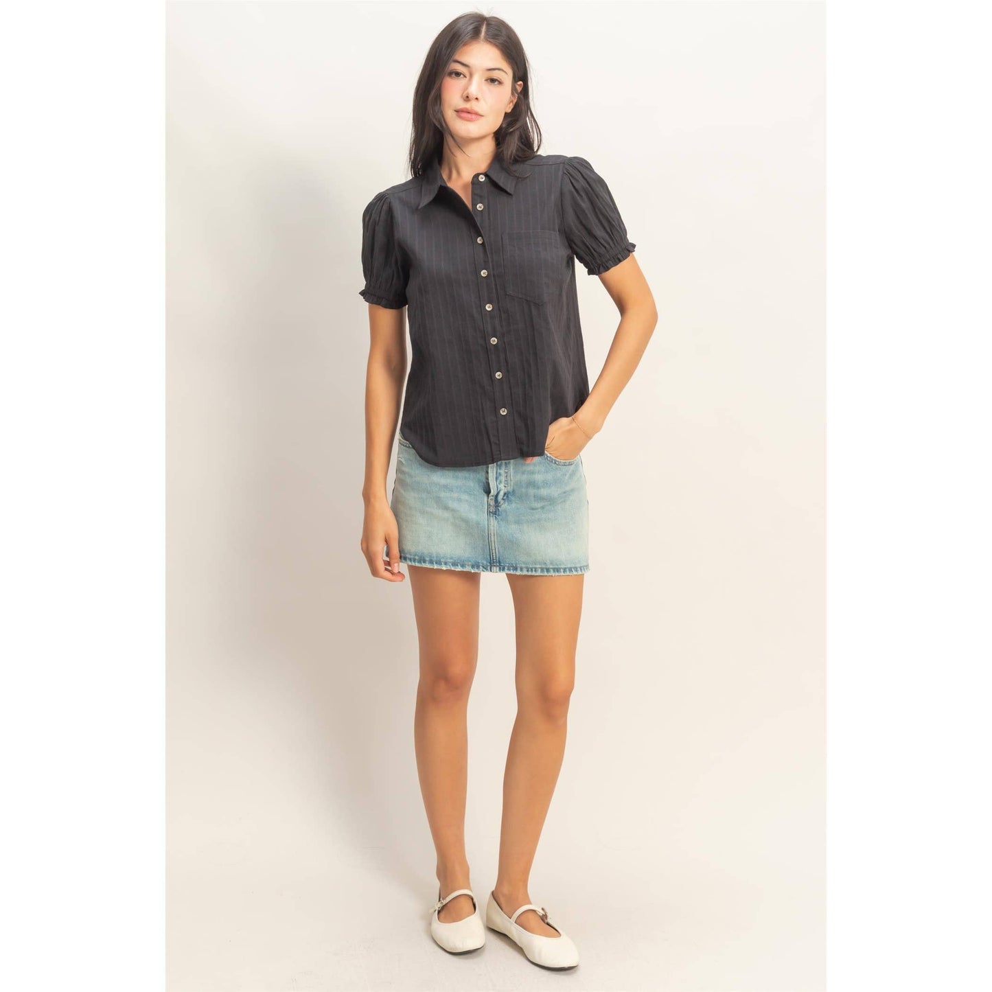 Carmen Button-Up Puff Short Sleeve Shirt: BLACK