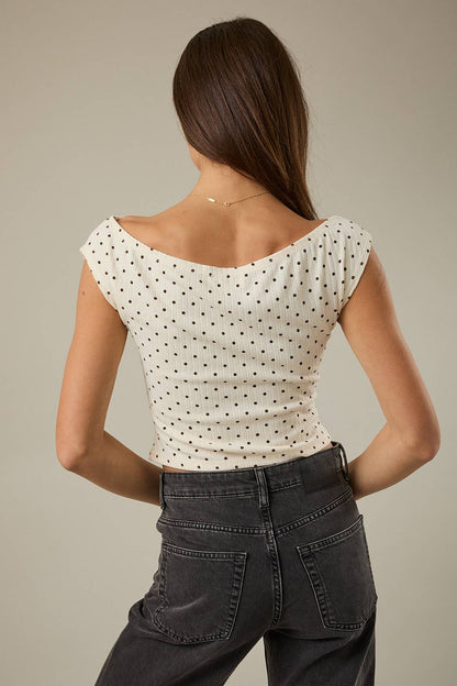 Raina Slouchy Shoulder Sleeveless Polka Dot Top: Cream Brown