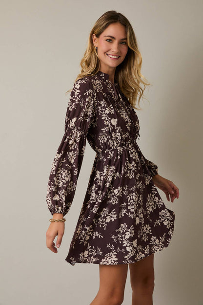 November Notch Neck Front Tie Puff Long Sleeve Floral Mini Dress: Brown Cream Floral