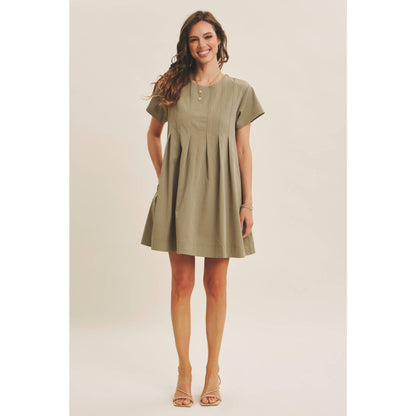 Easygoing Pleated Detail Mini Dress with Pockets: Olive