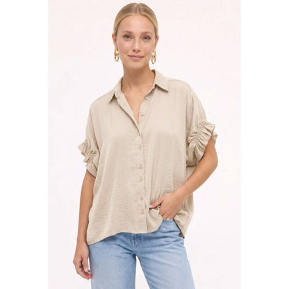 Sloane Ruffle-Sleeve Satin Button-Up Blouse: Chocolate
