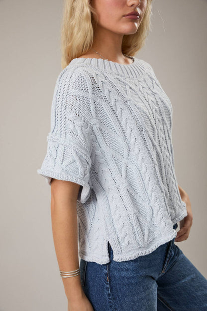 Sky Round Neck Short Sleeve Cable Knit Sweater Top: Lt Blue