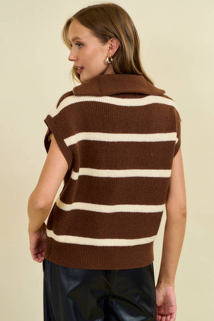 Lyric Striped Funnel Half Zip Sweater Vest: Chocolate