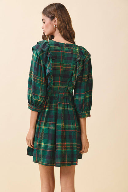 Tartan Plaid Deep V Neck Ruffle Trim Detail Wrap Dress: Green