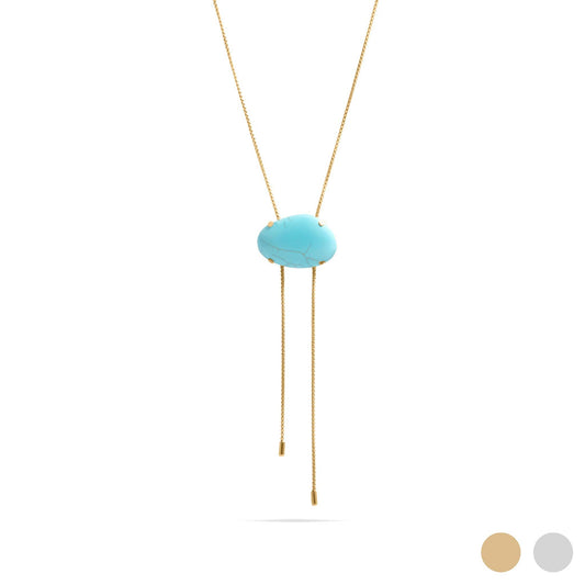 18K Gold Stainless Steel Turquoise Charm Bolo Necklace: Gold