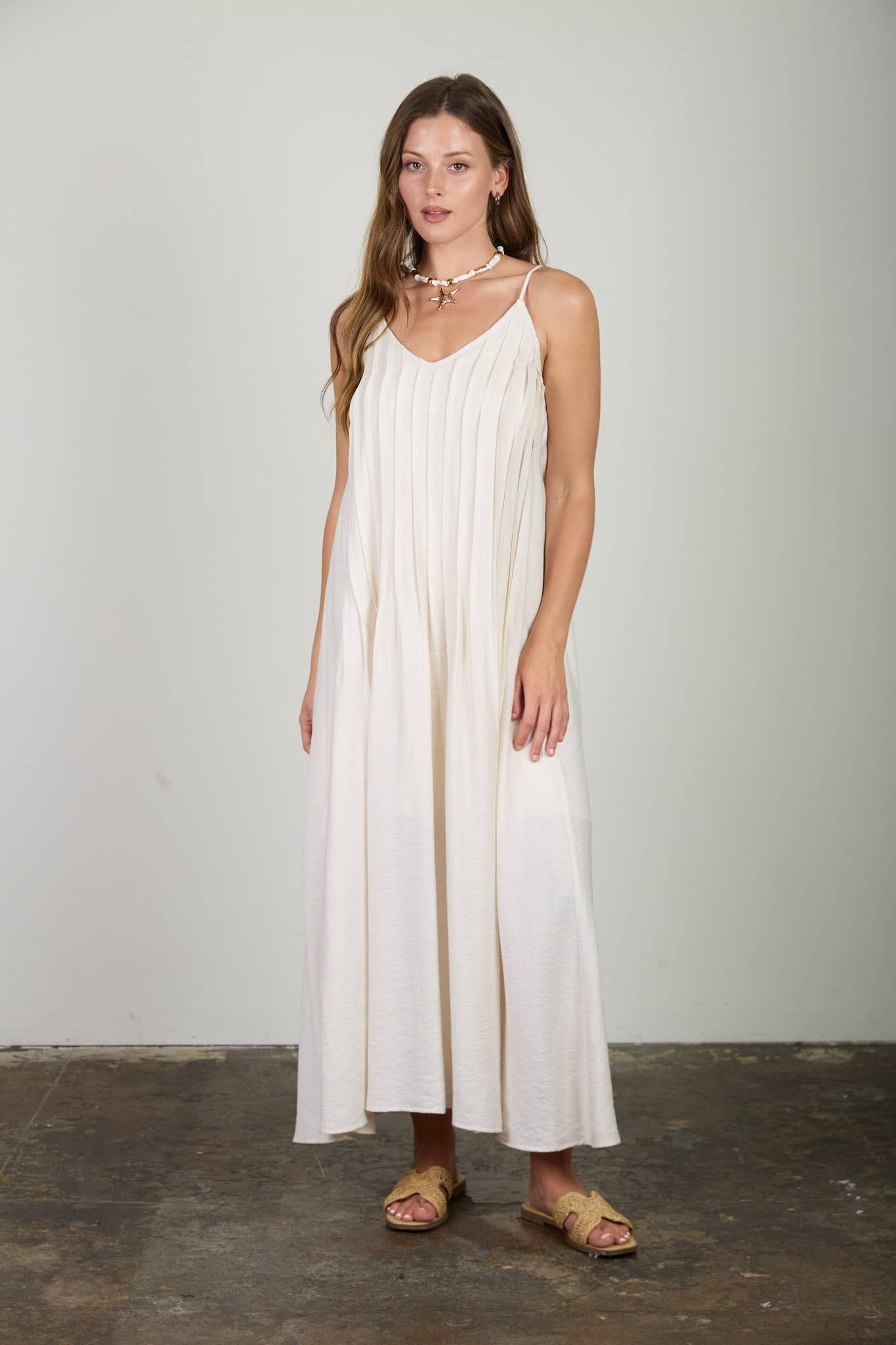 Luna Pleated Pintuck Detail Spaghetti Strap Maxi Dress: Natural