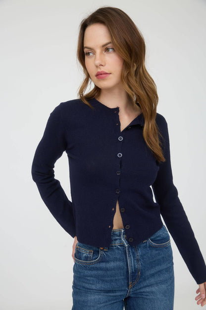 Cecilia Round Neck Button Down Long Sleeve Cardigan: Navy
