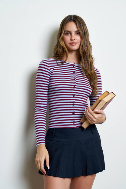 BUTTON DOWN CREW NECK STRIPED LONG SLEEVE KNIT TOP: BURGUNDY MULTI