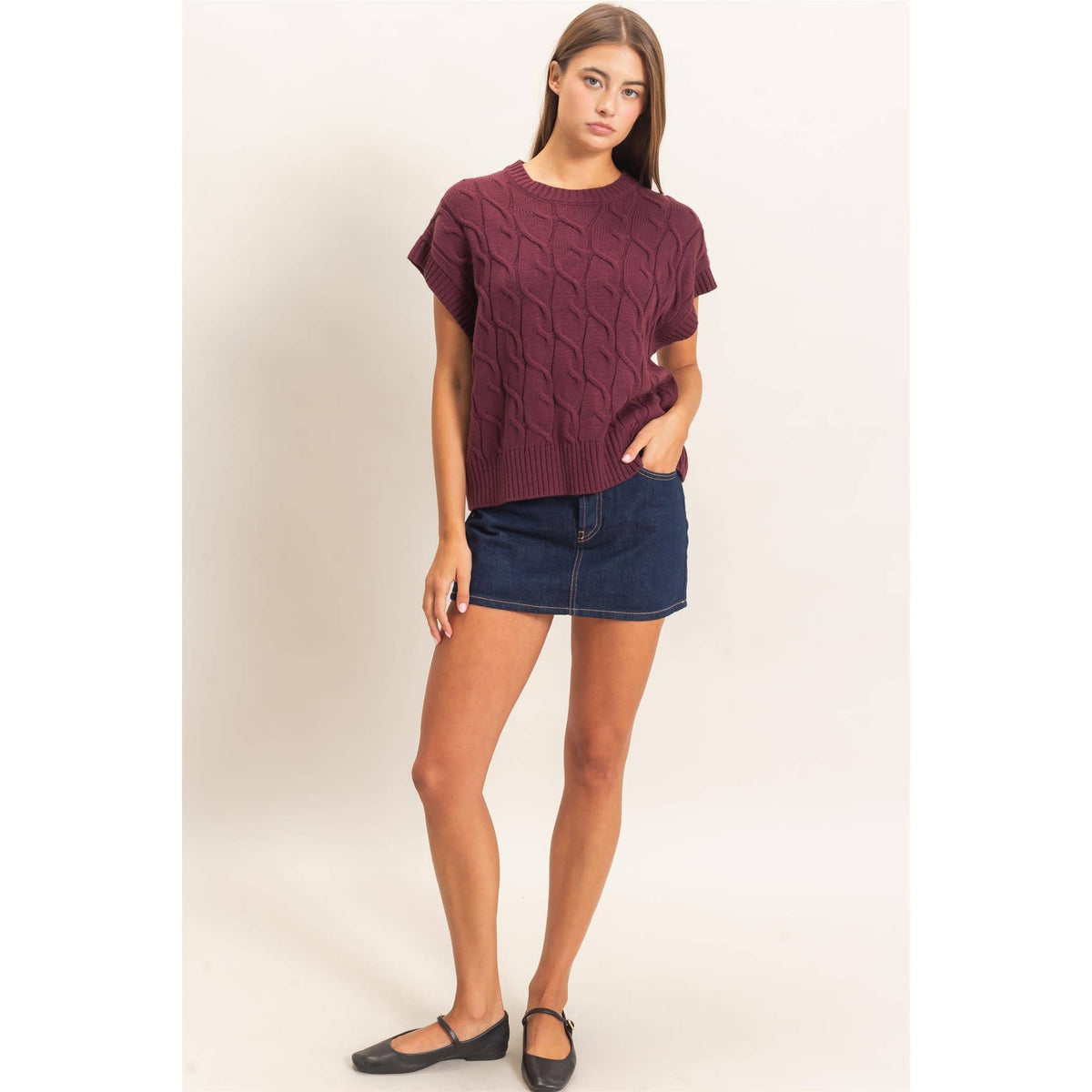 Sylvia Cable Knit Crew Neck Cap Sleeve Sweater: Dark Cherry