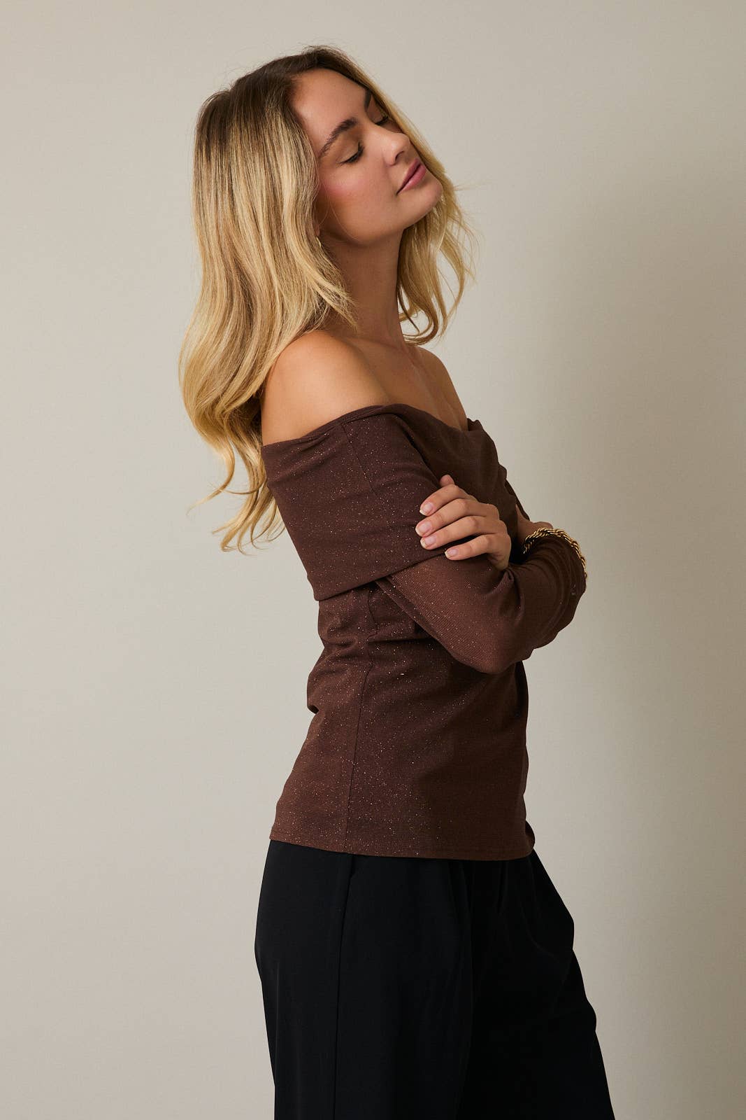 Grove Off Shoulder Long Sleeve Metallic Top: Brown
