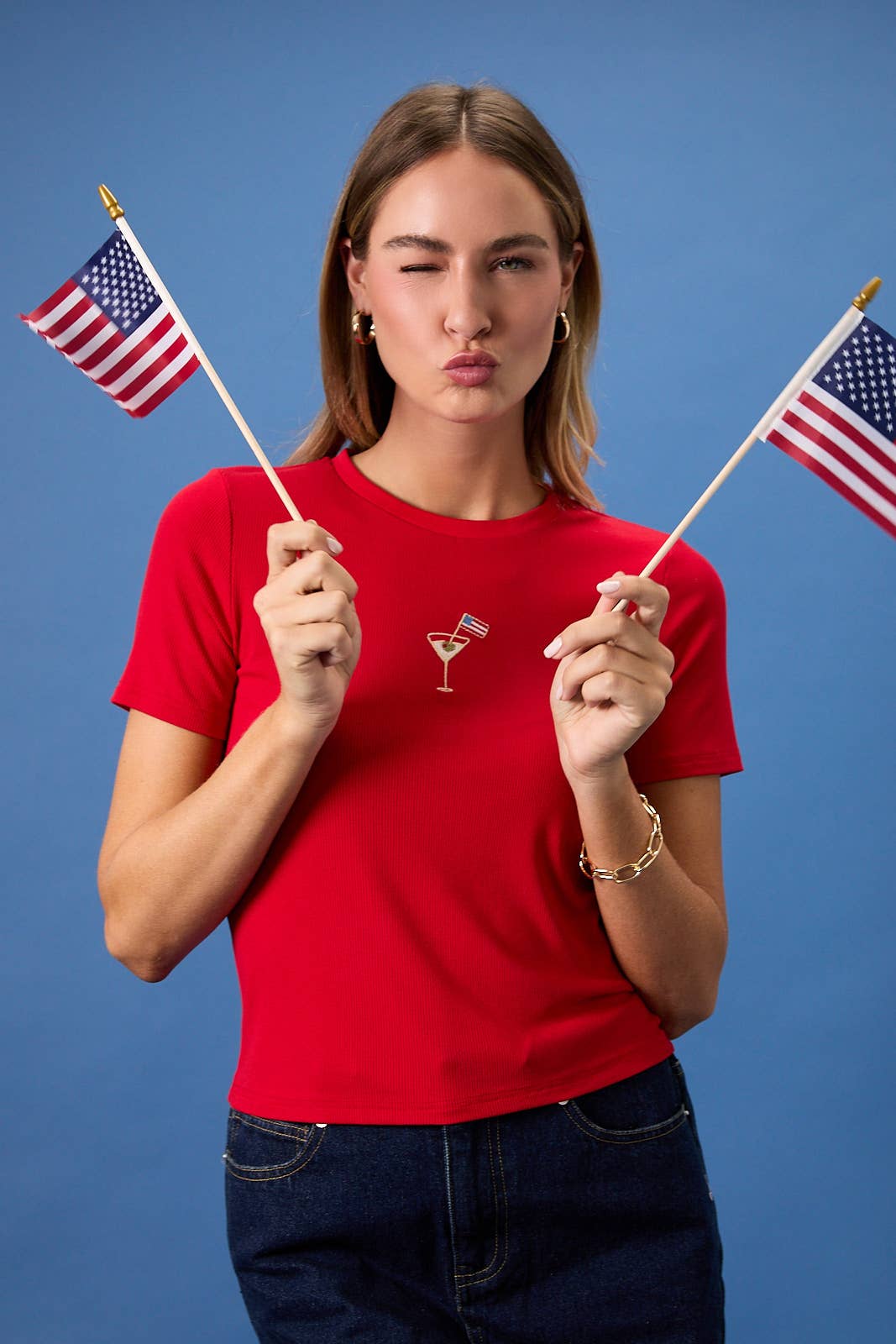 CREW NECK USA COCKTAIL EMBROIDERED RIBBED BABY TEE: Red