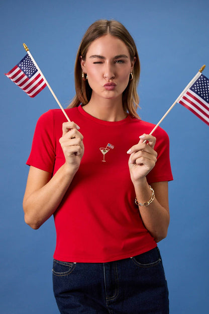 CREW NECK USA COCKTAIL EMBROIDERED RIBBED BABY TEE: Red