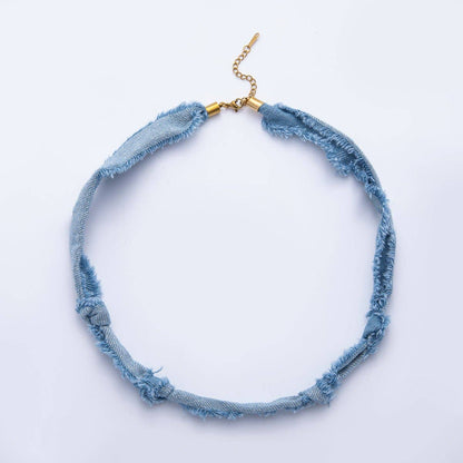 Stainless Steel Blue Denim Knot Handmade Scarf 19 Inch Necklace w. Extender: Light Blue