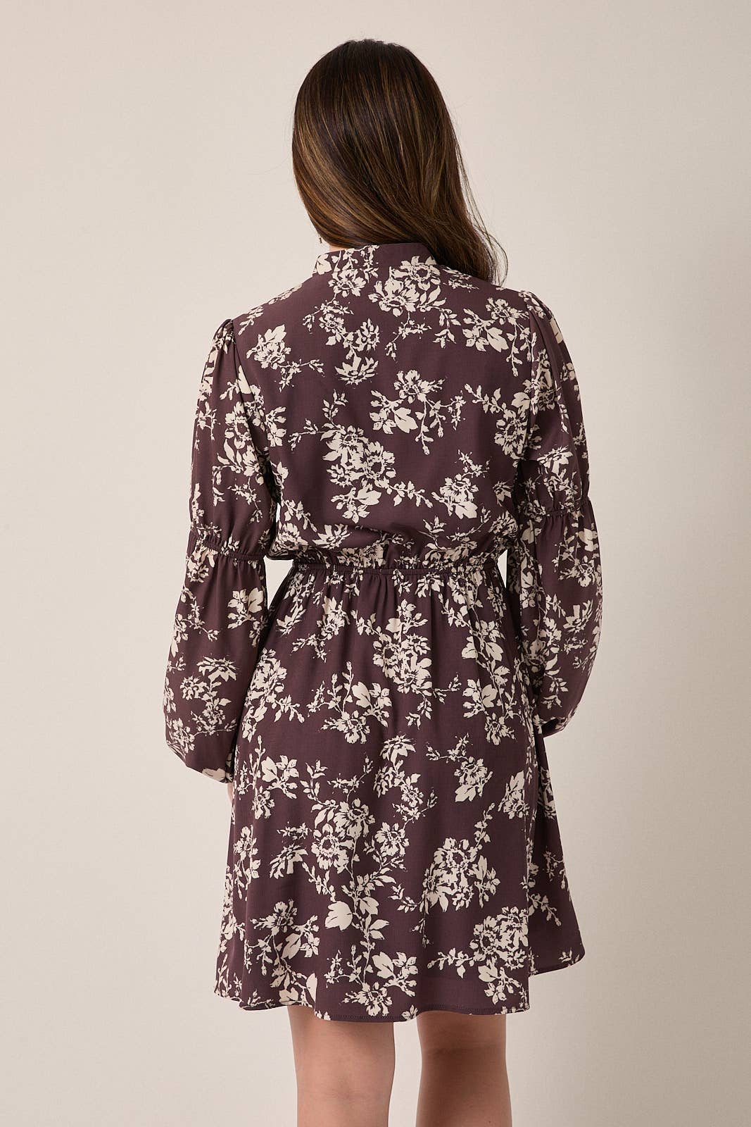 November Notch Neck Front Tie Puff Long Sleeve Floral Mini Dress: Brown Cream Floral