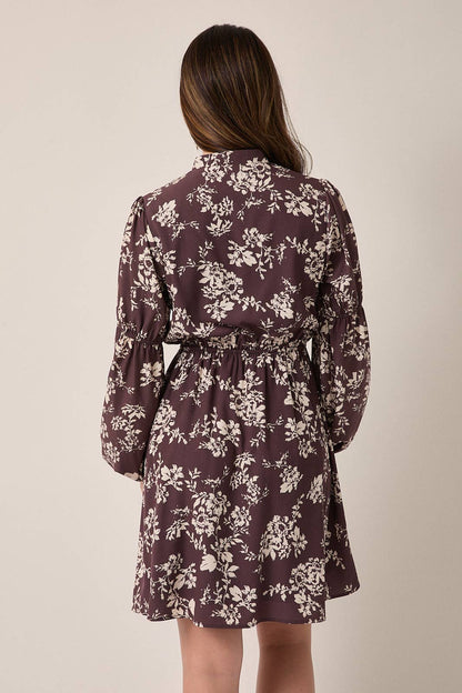 November Notch Neck Front Tie Puff Long Sleeve Floral Mini Dress: Brown Cream Floral
