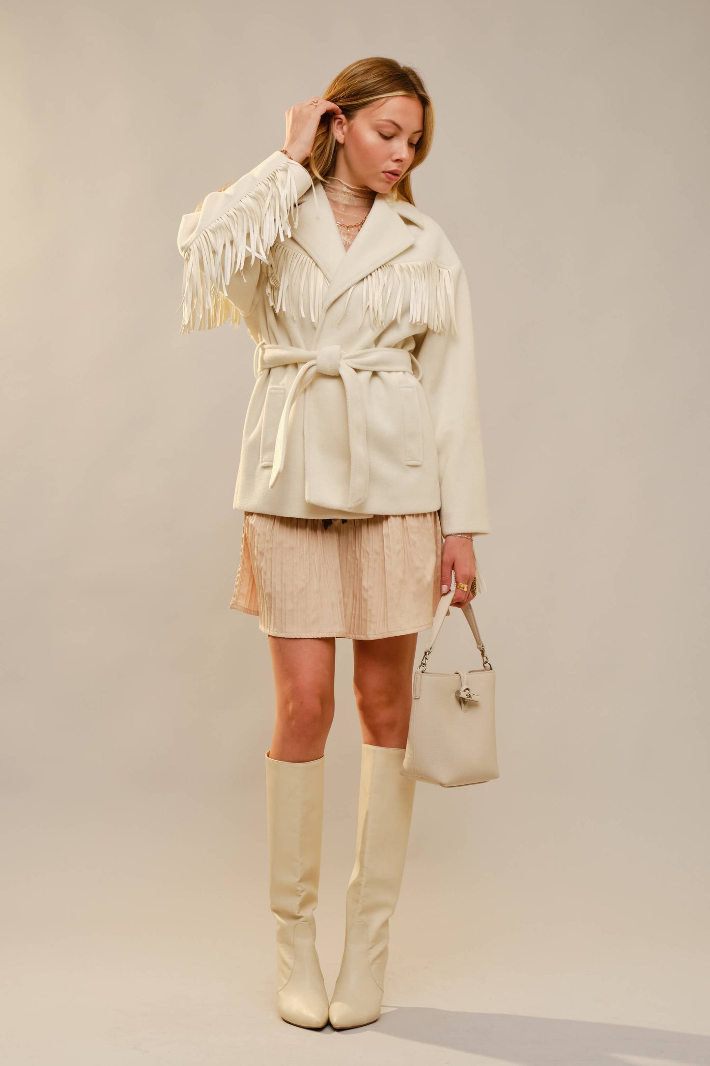 Westward Self Tie Belted Fringe Jacket: CREAM