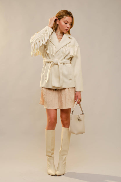 Westward Self Tie Belted Fringe Jacket: CREAM