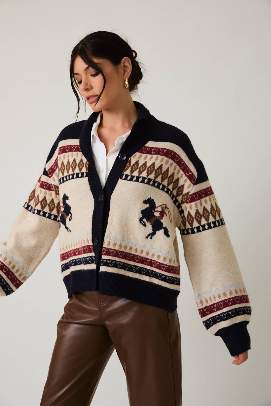 Gallop Horse Motif Button Up Oversized Sweater Cardigan: Cream