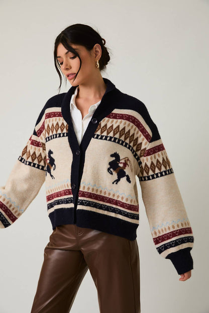 Gallop Horse Motif Button Up Oversized Sweater Cardigan: Cream
