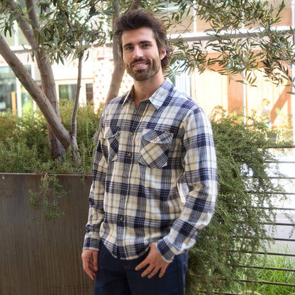 Long Sleeve Flannel Plaid Front Pockets Shirt: Navy