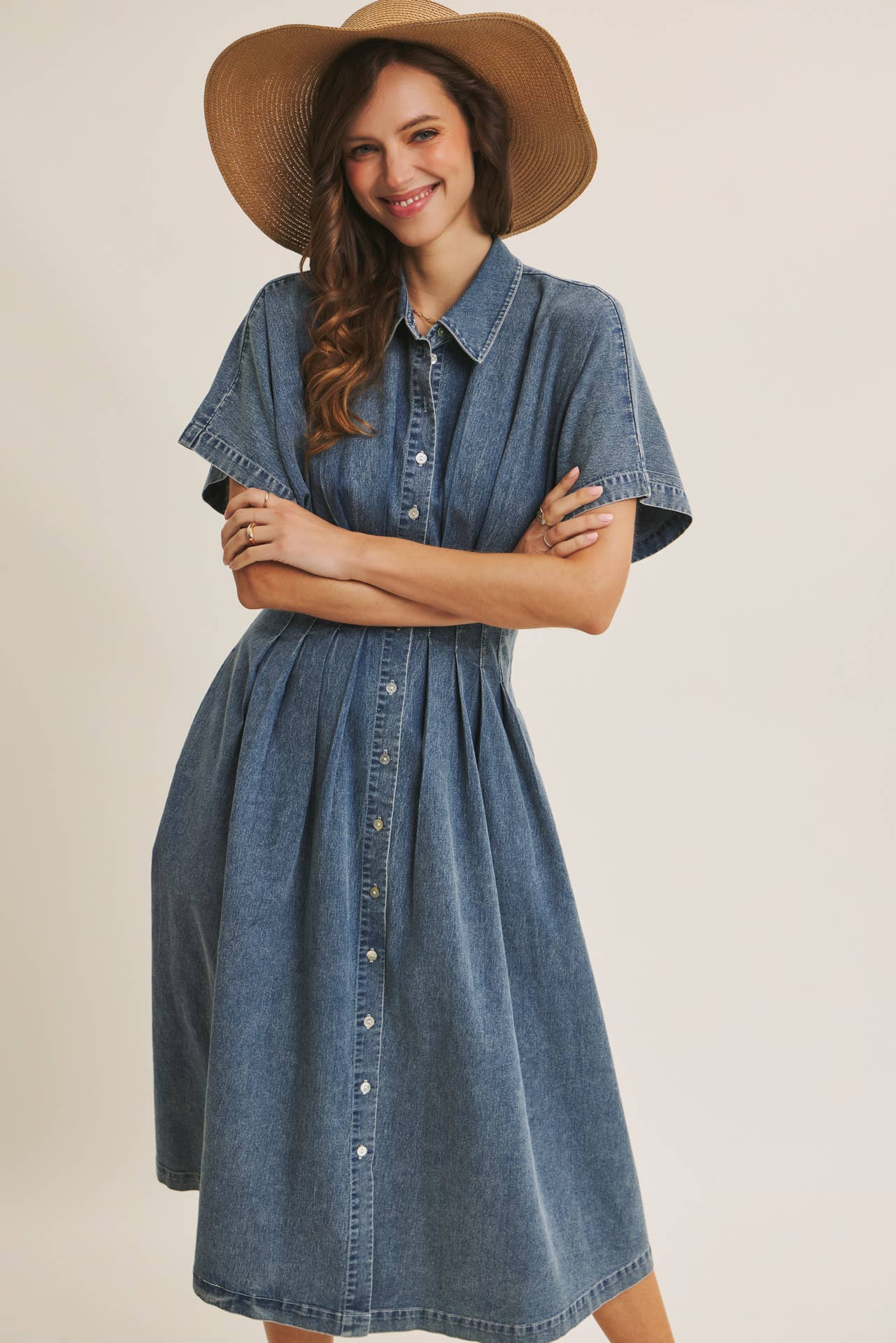Caroline Stretchy Mineral-Washed Button-Down Pleated Denim Midi Dress: Light Wash