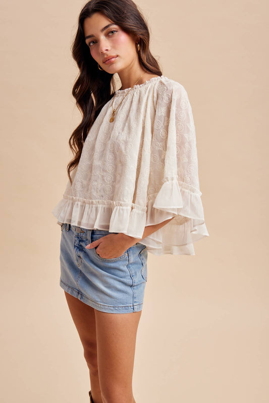 Delilah Embroidered Cape Sleeve Top: Vintage Cream