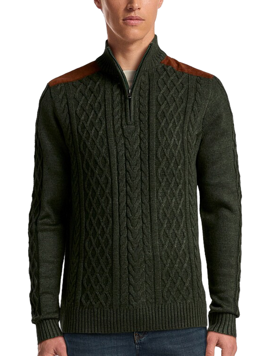 Forest Quarter Zip Mock Neck Cable Knit Sweater: Green