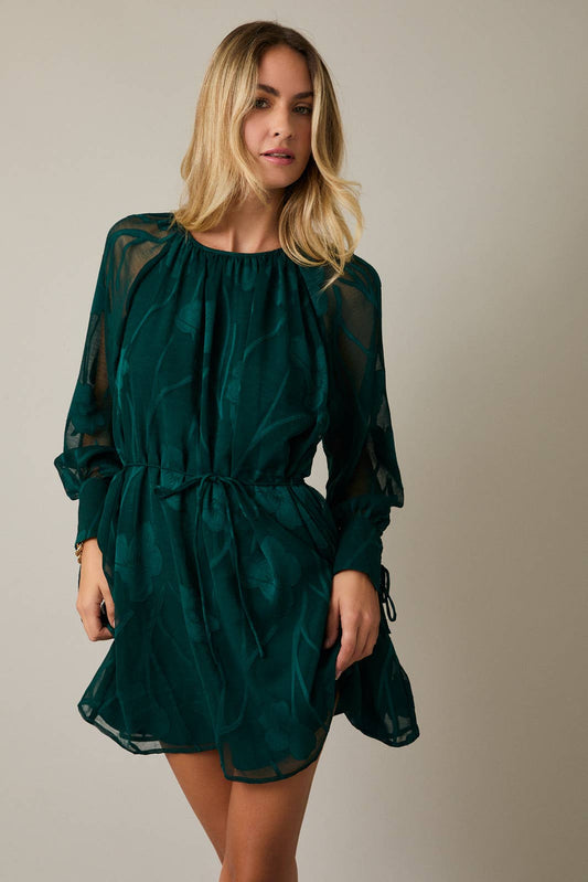 Juniper Round Neck Puff Long Sleeve Flare Fit Mini Dress: Hunter Green
