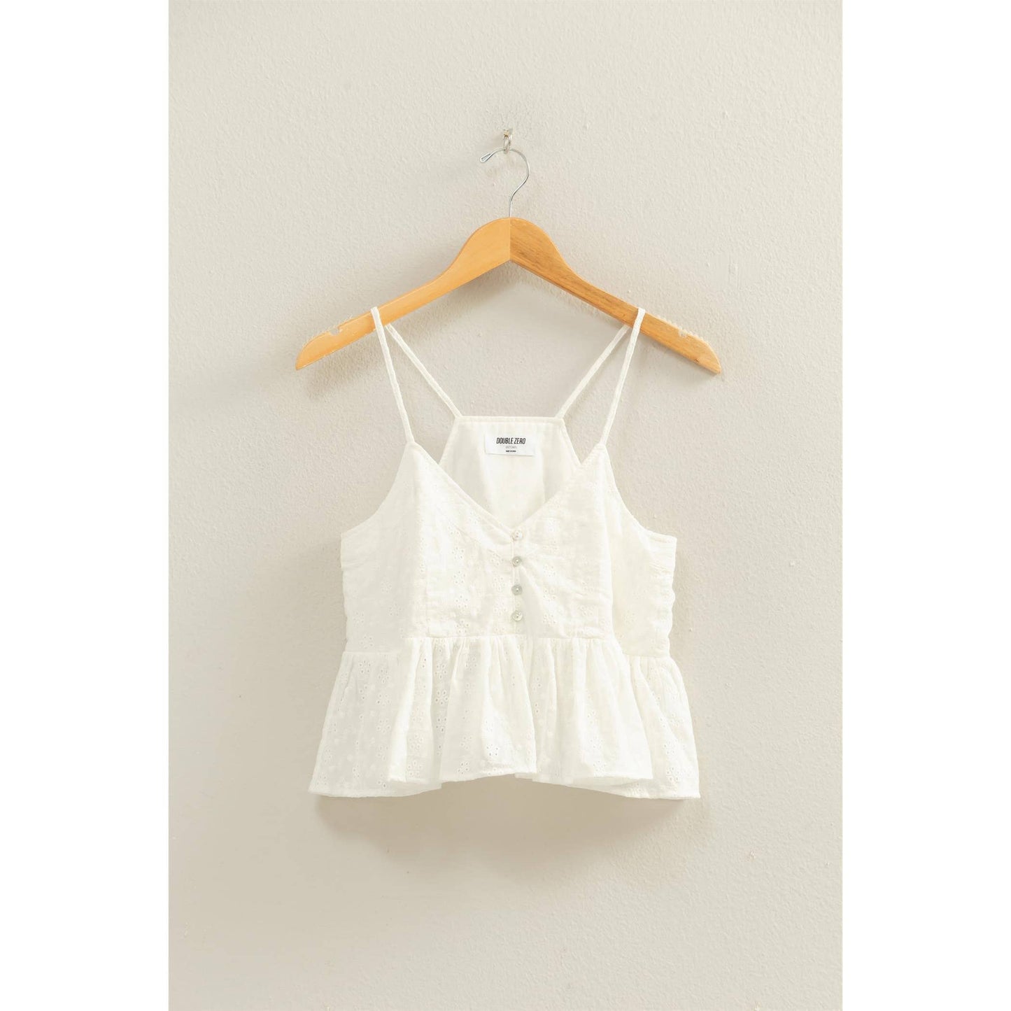 Eyelet Button Detail Peplum Top: WHITE