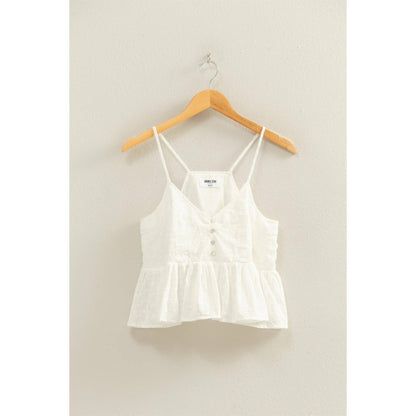 Eyelet Button Detail Peplum Top: WHITE