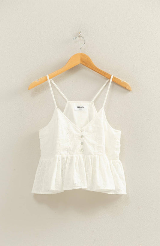 Reid Eyelet Button Detail Peplum Top: WHITE