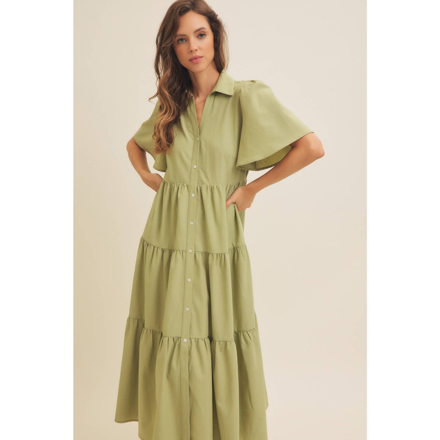 Savannah Flutter Sleeved Button-Down Shirt Midi Dress: Lt Olive
