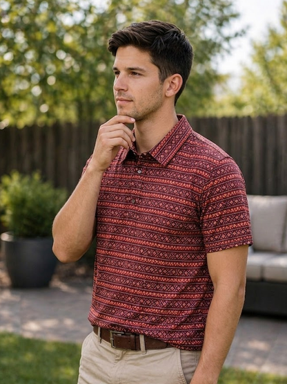 Men's Aztec Western Knit Polo with Pearl Snaps: Red