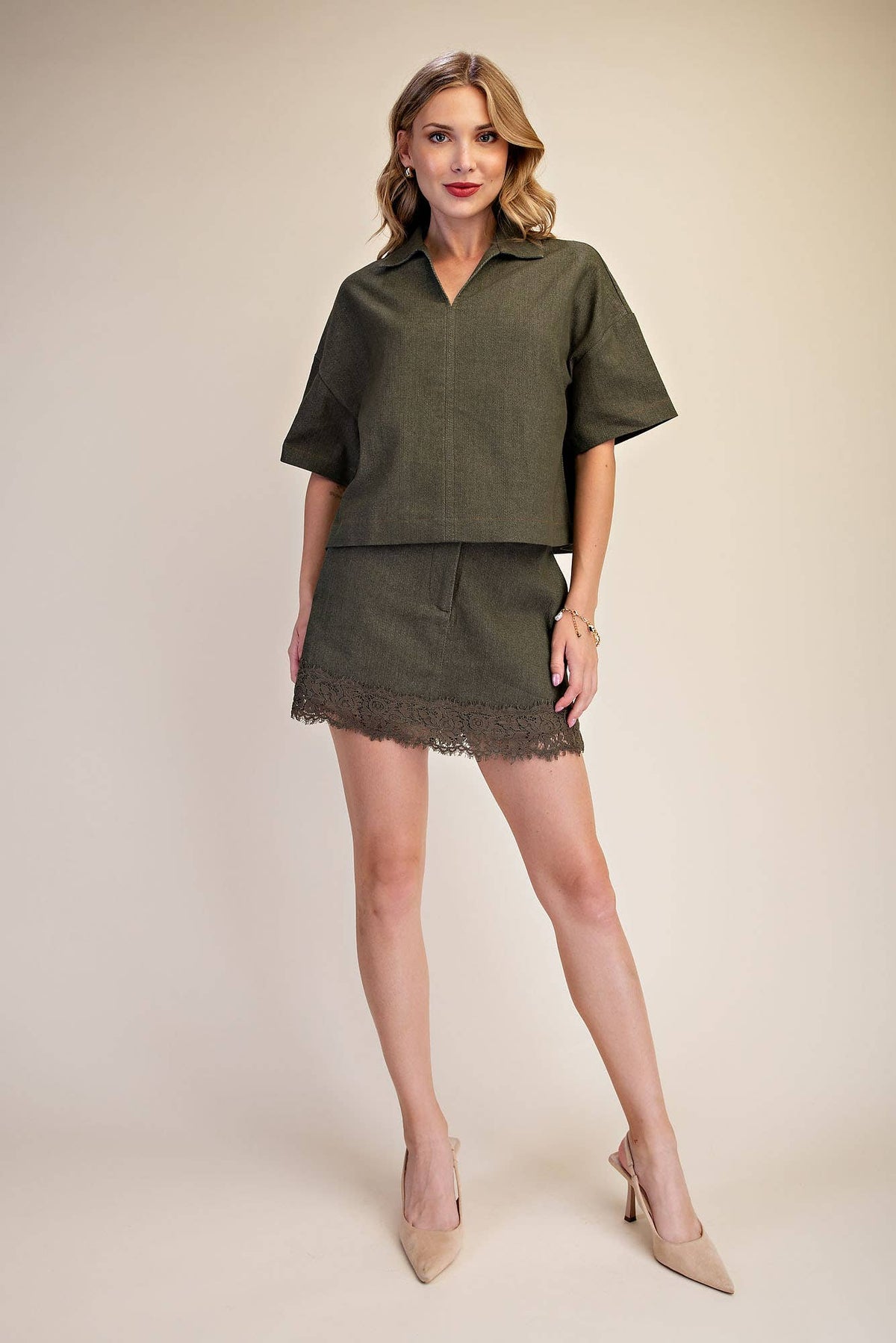 Delia Lace Denim Top: Olive