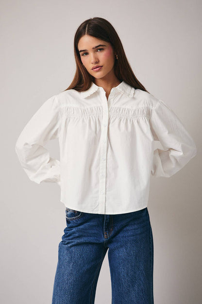 April Long Sleeve Shirring Detail Button Down Shirt: White