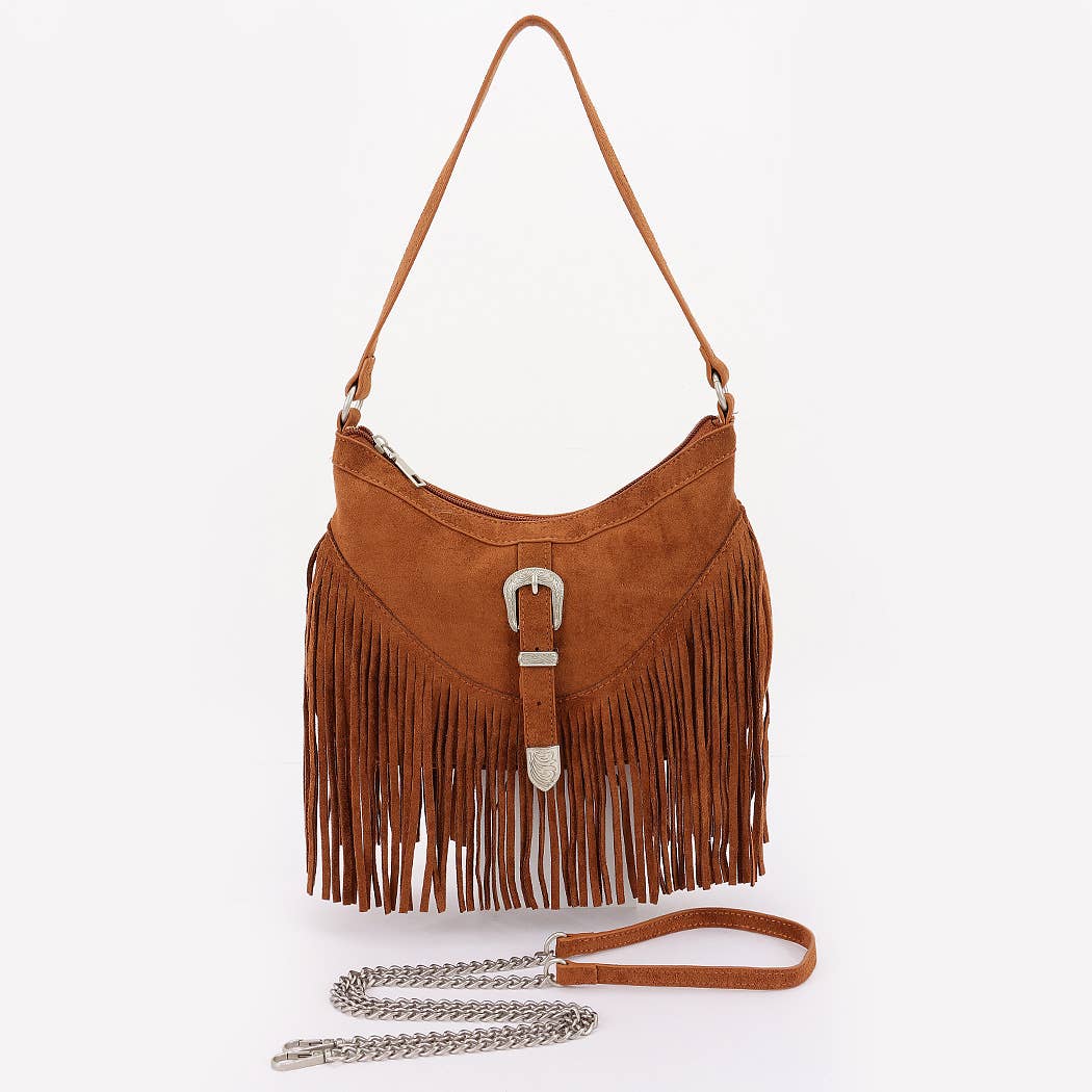 Faux suede Metal Buckle Fringe Bag: BUR