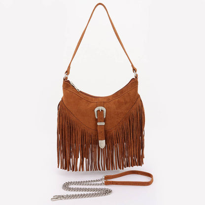 Faux suede Metal Buckle Fringe Bag: BUR