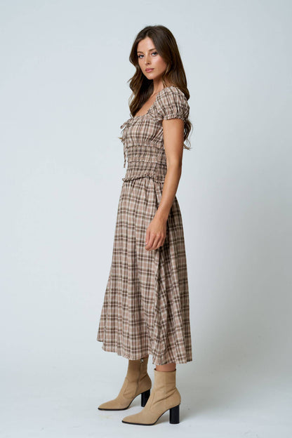 Maisie Plaid Puff Sleeve Smocked Waist A-Line Midi Dress: Khaki