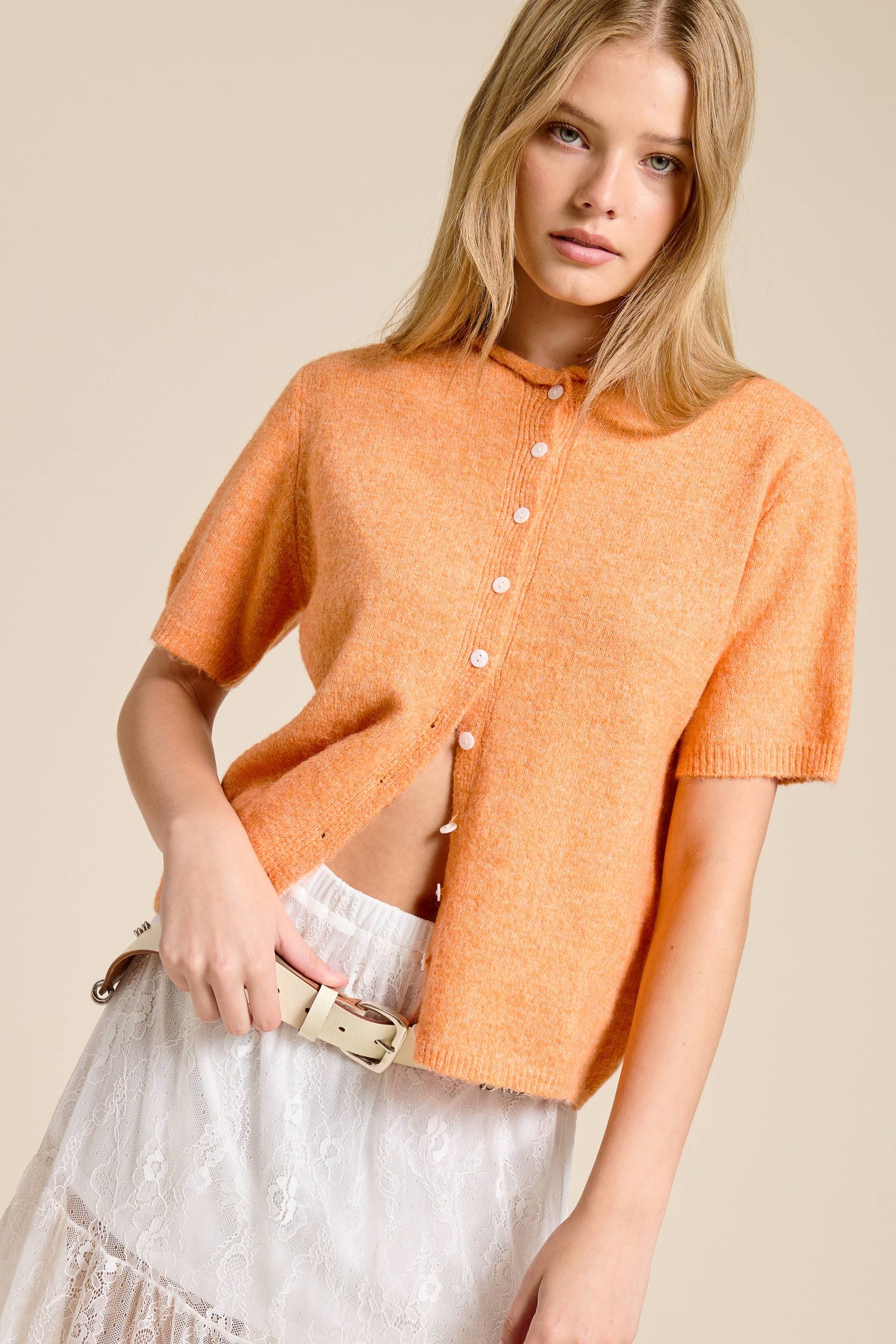 Mae Short Sleeve Button Down Cardigan Top: Tangerine