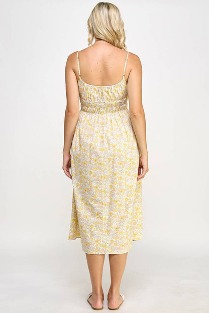 Yellow Poppies Print Olivia Sleeveless Midi Dress