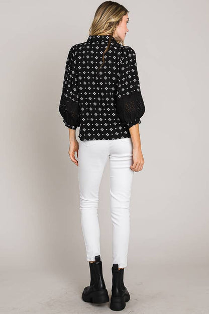 Esme Bracelet Sleeve with Eyelet lace trim blouse: Black