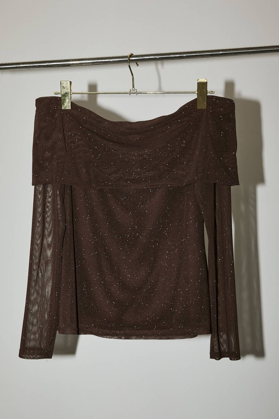 Grove Off Shoulder Long Sleeve Metallic Top: Brown