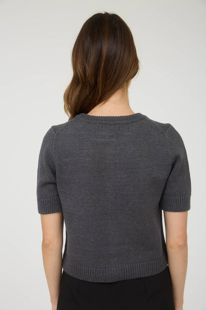 Allison Short Sleeve Knit Cardigan Top: Dark Grey