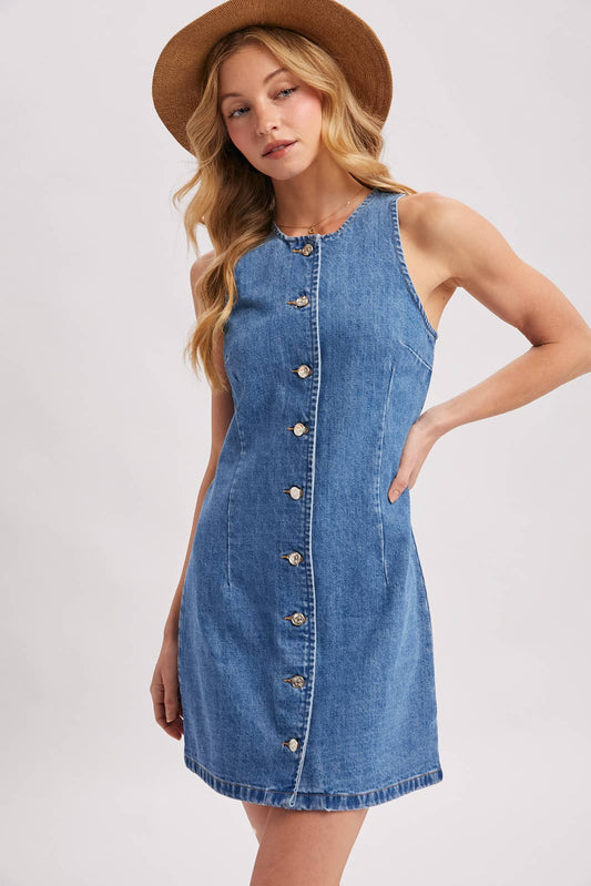 Blythe Denim Button Down Sleeveless Mini Dress: Med Wash