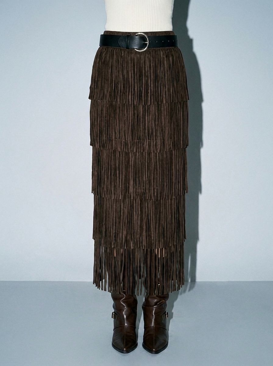 Pleated knit Fringe Layered Skirt with Belt : BROWN / S